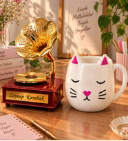Kişiye Özel Hareketli Gramafon Müzik Kutusu & Kedi Kupa