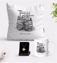 BK Gift Kişiye Özel Tarih Öğretmeni Beyaz Kupa Yastık ve İsimli Papatya Kolye Hediye Seti-1 (Model 1)