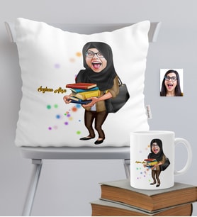 BK Gift Kişiye Özel Tesettürlü Bayan Öğretmen Temalı Karikatürlü Yastık Kupa Seti - 2
