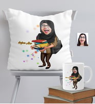BK Gift Kişiye Özel Tesettürlü Bayan Öğretmen Temalı Karikatürlü Yastık Kupa Seti - 2