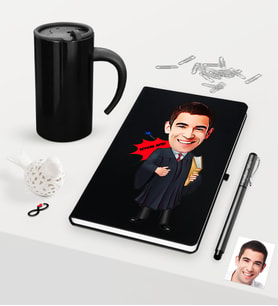 BK Gift Kişiye Özel Bay Avukat Karikatürlü Siyah Defter Kalem ve Termos Mug Seti - 1 (Model 1)