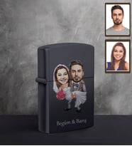 Kişiye Özel Gelin Damat Karikatürlü UV Baskılı Siyah Benzinli Çakmak Mod-1
