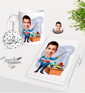 BK Gift Kişiye Özel Erkek Öğretmen Karikatürlü Kupa Anahtarlık Beyaz Defter Kalem Hediye Seti-5 (Model 1)