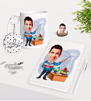 BK Gift Kişiye Özel Erkek Öğretmen Karikatürlü Kupa Anahtarlık Beyaz Defter Kalem Hediye Seti-5 (Model 1)