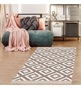 Geometrik Baklava Dilimi Karo Desenli Dijital Baskı Yıkanabilir Kaymaz Taban Modern Salon Halısı (Vizon)