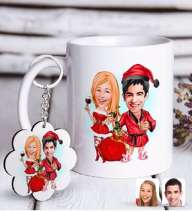 BK Gift Kişiye Özel Yeni Yıl Sevgililer Karikatürlü Beyaz Kupa ve Anahtarlık Hediye Seti-5 (Model 1)