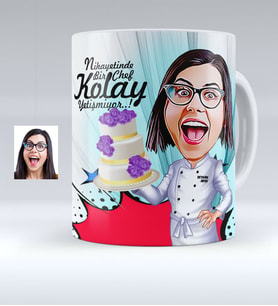 BK Gift Kişiye Özel Bayan Chef Karikatürlü Beyaz Kupa Bardak  2