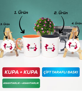 İkili Turuncu Siyah İsme Özel Sevgililer Günü Hediyesi Kupa Bardak Anahtarlık