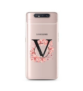 Pembe Çiçekli Harf Tasarım Süper Şeffaf Silikon Telefon Kılıfı Samsung A80 V-Har