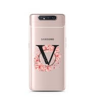 Pembe Çiçekli Harf Tasarım Süper Şeffaf Silikon Telefon Kılıfı Samsung A80 V-Har