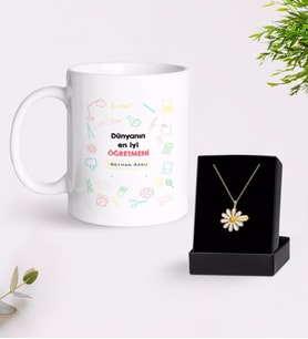 BK Gift Kişiye Özel Dünyanın En İyi Öğretmeni Beyaz Kupa ve Papatya Kolye Hediye Seti-14 (Model 1)