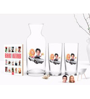 BK Gift Kişiye Özel Renkli Baskılı Sevgililer Karikatürlü İkili Rakı Bardağı Karaf ve Cep Kitabı Hediye Seti-53 (Model 1)