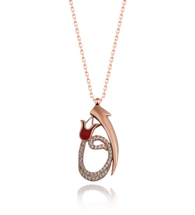 Gümüş Zirkon Taşlı " Lale Motifli ELİF VAV " Tasarım Kolye (Rose)