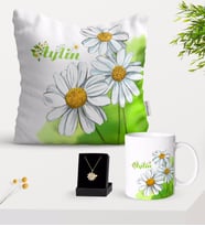 BK Gift Kişiye Özel Papatya Temalı Yastık Kupa Ve Papatya Kolye Hediye Seti-7 (Model 1)