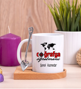 Coğrafya Öğretmeni Ahşap Altlıklı Beyaz Kupa Bardak