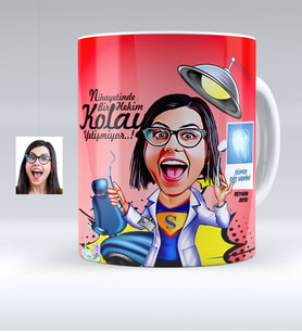 BK Gift Kişiye Özel Bayan Diş Hekimi Karikatürlü Beyaz Kupa Bardak  1