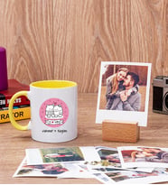 Aşık Çiftlere Özel Sarı Kupa Bardak ve Ahşap Standlı Polaroid Set