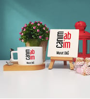 Abiye Hediye Canım Abim Tasarımlı Kişiye Özel Abi Ahşap Altlıklı Fincan ve Dekoratif Taş Baskı Seti