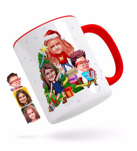BK Gift Kişiye Özel Yeni Yıl 3 Kardeş Karikatürlü Kırmızı Kupa Bardak-1