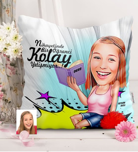 BK Gift Kişiye Özel Bayan Öğrenci Karikatürlü  Yastık  1