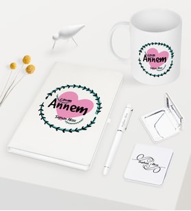BK Gift Kişiye Özel Canım Annem Beyaz Defter Kalem Kupa Ayna Seti - 10 (Model 1)