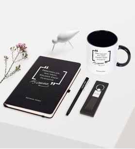 BK Gift Kişiye Özel Atatürk Temalı Siyah Defter Kalem Anahtarlık Kupa Seti - 1