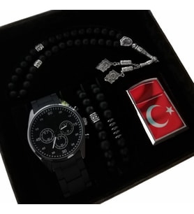 Erkek Siyah Kordon Saat Seti Sevgiliye Hediye Ay Yıldız Çakmak Tesbih