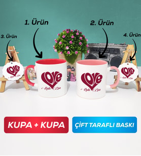 İkili Kırmızı Pembe Love Tasarımlı Sevgililer Günü Hediyesi Kupa Bardak Anahtarlık