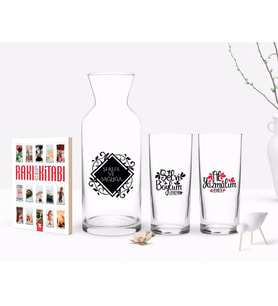 BK Gift Kişiye Özel Renkli Baskılı Selvi Boylum Al Yazmalım İkili Rakı Bardağı Karaf ve Cep Kitabı Hediye Seti-2 (Model 1)