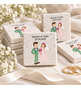 30 Adet Kişiye Özel Baskılı Doğal Taş Magnet 5x5cm Söz, Nikah, Nişan Hatırası (Beyaz)