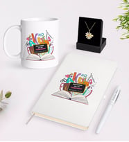 BK Gift Kişiye Özel Dünyanın En İyi Öğretmeni Beyaz Kupa Defter Kalem ve İsimli Papatya Kolye Hediye Seti-16 (Model 1)