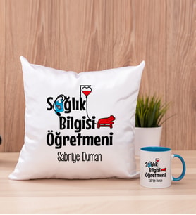 Sağlık Bilgisi Öğretmeni Kare Yastık ve Mavi Kupa Bardak