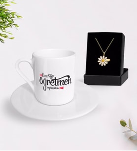 BK Gift Kişiye Özel Online Öğretmen Türk Kahvesi Fincanı ve İsimli Papatya Kolye Hediye Seti-1 (Model 1)