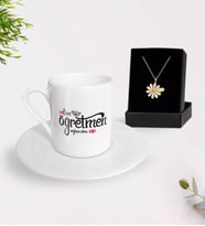 BK Gift Kişiye Özel Online Öğretmen Türk Kahvesi Fincanı ve İsimli Papatya Kolye Hediye Seti-1 (Model 1)
