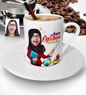 BK Gift Kişiye Özel Tesettürlü Bayan Öğretmen Karikatürlü Türk Kahvesi Fincanı - 1