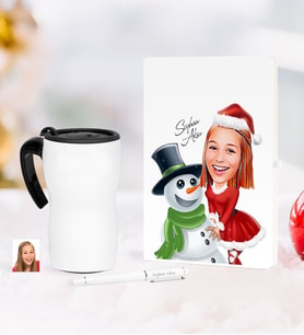 BK Gift Kişiye Özel Yılbaşı Bayan Karikatürlü Beyaz Defter Kalem Termos Mug Seti - 4