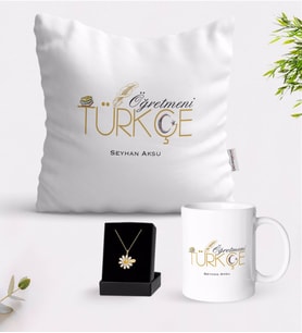 BK Gift Kişiye Özel Türkçe Öğretmeni Beyaz Kupa Yastık ve İsimli Papatya Kolye Hediye Seti (Model 1)