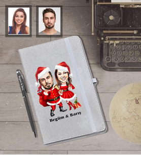 Kişiye Özel Yılbaşı Sevgili Karikatürlü Gri Defter Kalem Hediye Seti Model-1