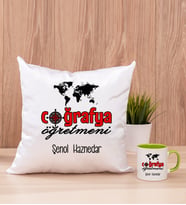 Coğrafya Öğretmeni Kare Yastık ve Yeşil Kupa Bardak
