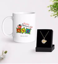 BK Gift Kişiye Özel Anaokulu Öğretmeni Beyaz Kupa ve Papatya Kolye Hediye Seti-1 (Model 1)