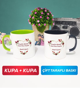 İkili Sevgiliye Sevgililer Günü Hediyesi 13 Kupa Bardak Yeşil Siyah