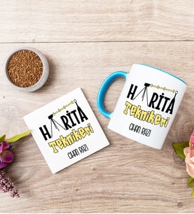 Harita Teknikeri Mavi Kupa Bardak Ve Bardak Altlığı Seti