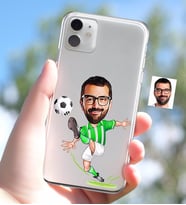 BK Gift Kişiye Özel Yeşil Beyaz Futbolcu Karikatürlü iPhone 11 İnce Şeffaf Silikon Telefon Kapağı