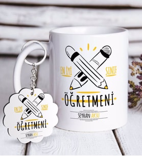 BK Gift Kişiye Özel En İyi Sınıf Öğretmeni Beyaz Kupa ve Anahtarlık Hediye Seti-5 (Model 1)