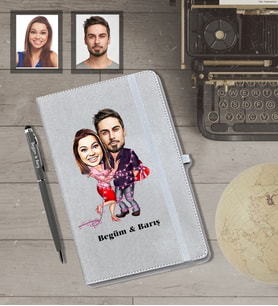 Kişiye Özel Sevgili Karikatürlü Gri Defter Kalem Hediye Seti  Model 4