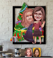 BK Gift Kişiye Özel Yeni Yıl Kız Kardeşler Karikatürlü 3D Ahşap Tablo-3 (Beyaz)