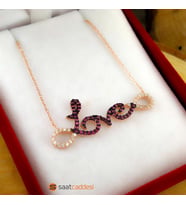 925 Ayar Gümüş Pembe Zirkon Taşlı Love Yazılı Sonsuzluk Kolyesi