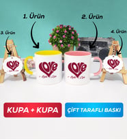 İkili Sarı Pembe Love Tasarımlı Sevgililer Günü Hediyesi Kupa Bardak Anahtarlık