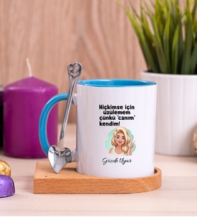 Canım Kendim Ahşap Altlıklı Mavi Kupa Bardak
