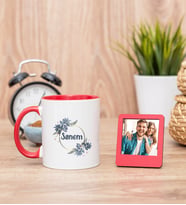 İsme Özel Çiçek Desenli Kırmızı Kupa Bardak ve Kırmızı Mini Fotoğraf Çerçevesi
